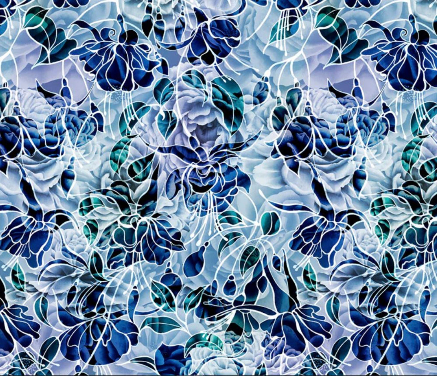 Petal Play 108" Blue and Teal Floral Wideback Cotton Fabric