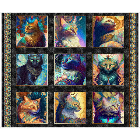 Feline Fantasia Large Cat Blocks Fabric Panel