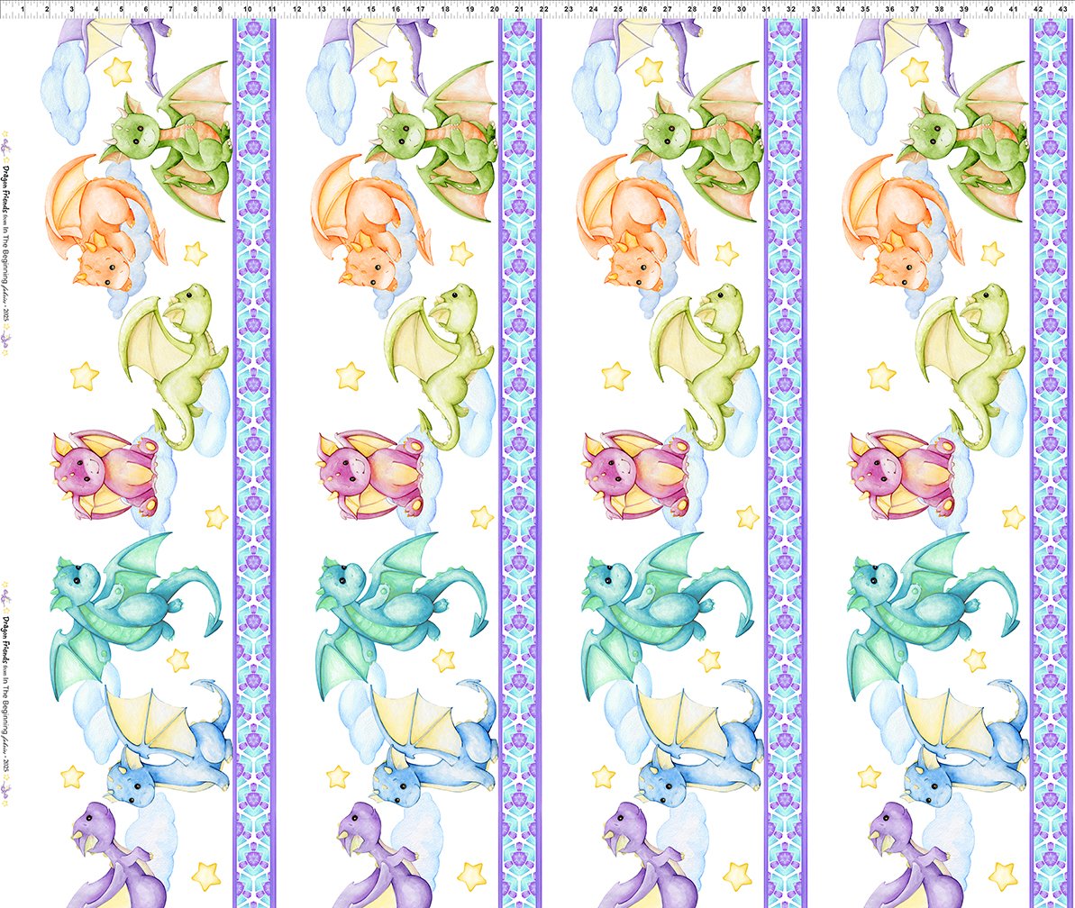 Dragon Friends - Baby Dragon Border Stripe Cotton Fabric
