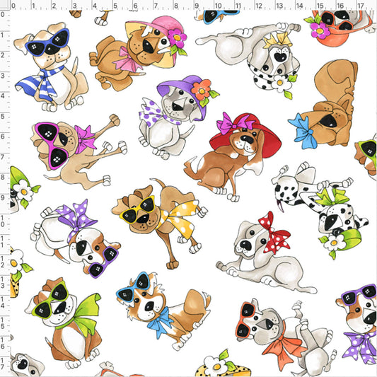Tossed Go Doggies on White Background  Scroll Fabric *
