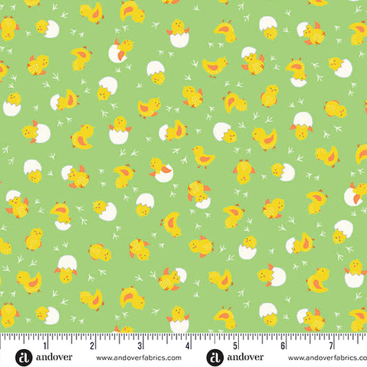 Hello Spring, Cheerful Chicks Green Cotton Fabric