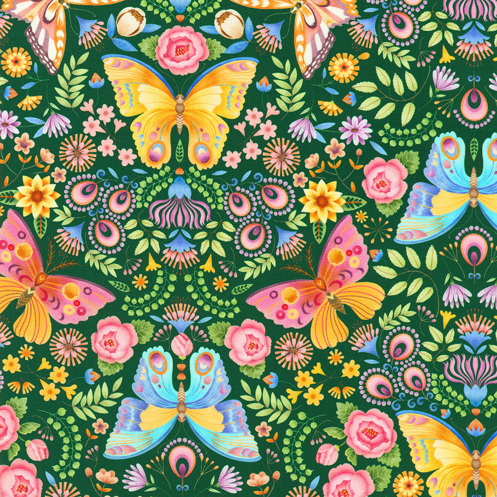 Spring Garden Butterflies and Floral Cotton Fabric