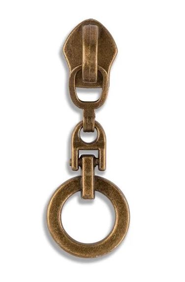 #5 Metallic Nylon Dangle Ring Zipper Pulls, Antique Brass 2 each