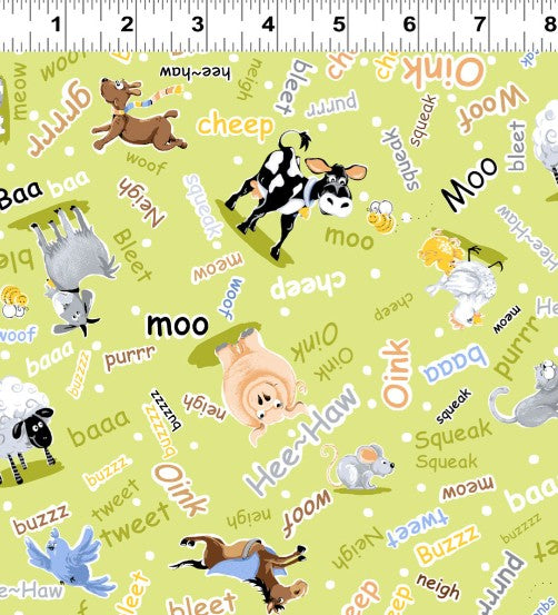 Barnyard Blues Farm Animals Lime Cotton Quilting Fabric by Susybee