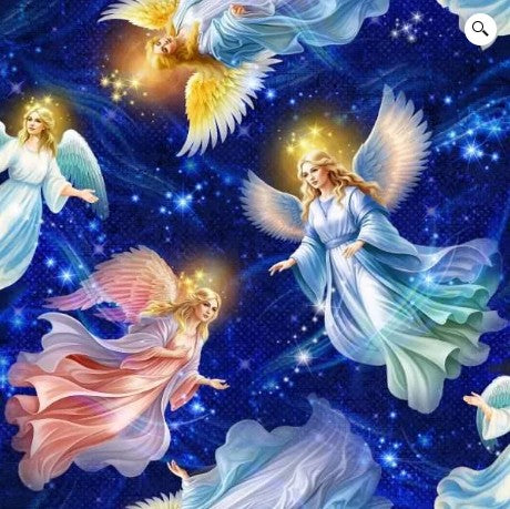 Blessings Angels on Blue Cotton Quilting Fabric
