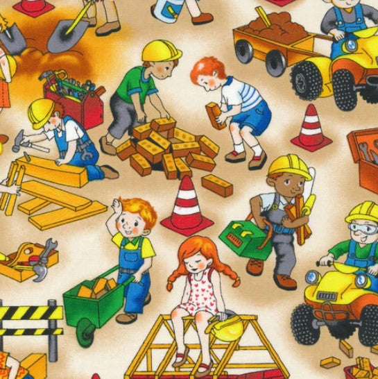 Building Construction Workers Cotton Fabric *