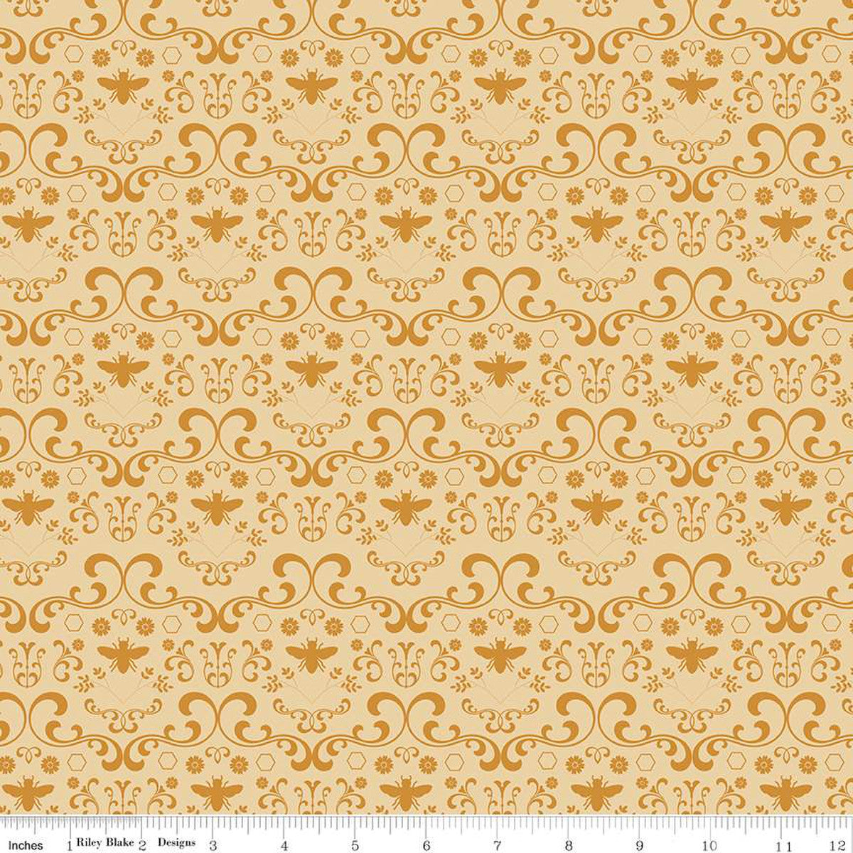 Daisy Fields Damask Bees Light Honey Fabric *