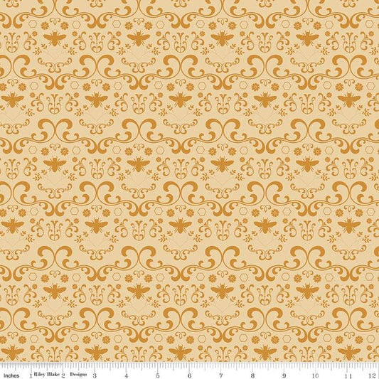 Daisy Fields Damask Bees Light Honey Fabric *