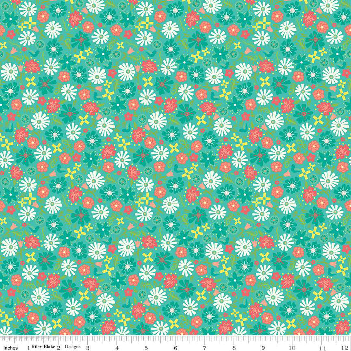 Gingham Cottage Flowers Seaglass Cotton Fabric *
