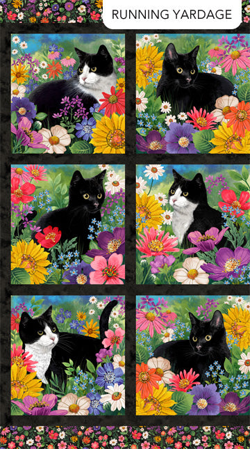 Hide and Seek Cat Block Floral Fabric Panel by Northcott
