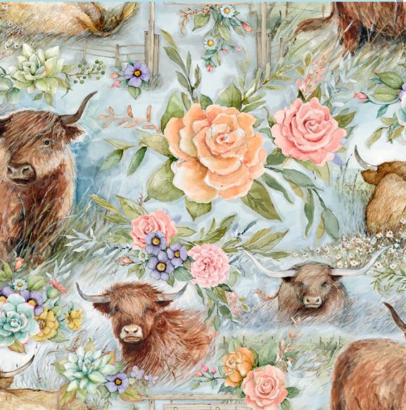 Highland Floral Cow Ranch Cotton Fabric