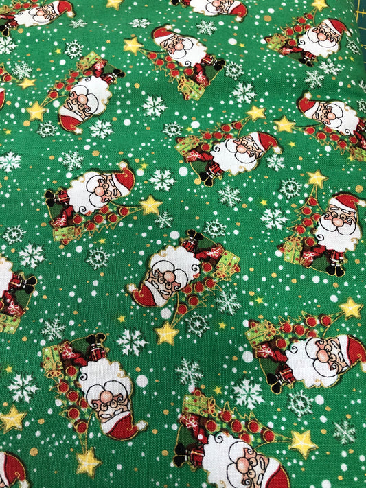Christmas Jolly Santa on Green Background Cotton Fabric *