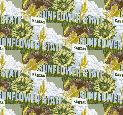 Kansas Sunflower State Buffalo and Sunflower Cotton Quilting Fabric