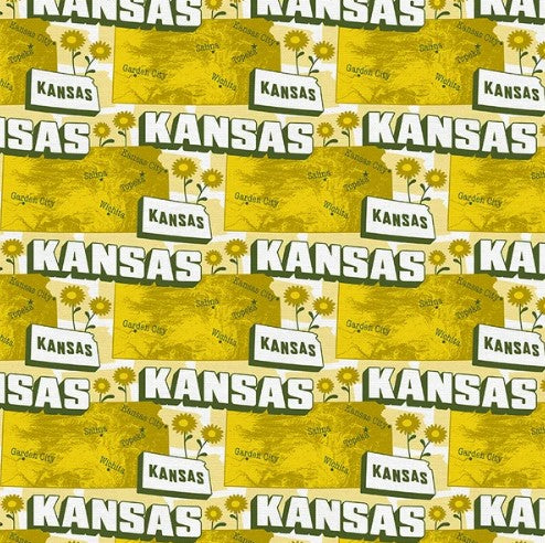 Kansas State Map Cotton Quilting Fabric