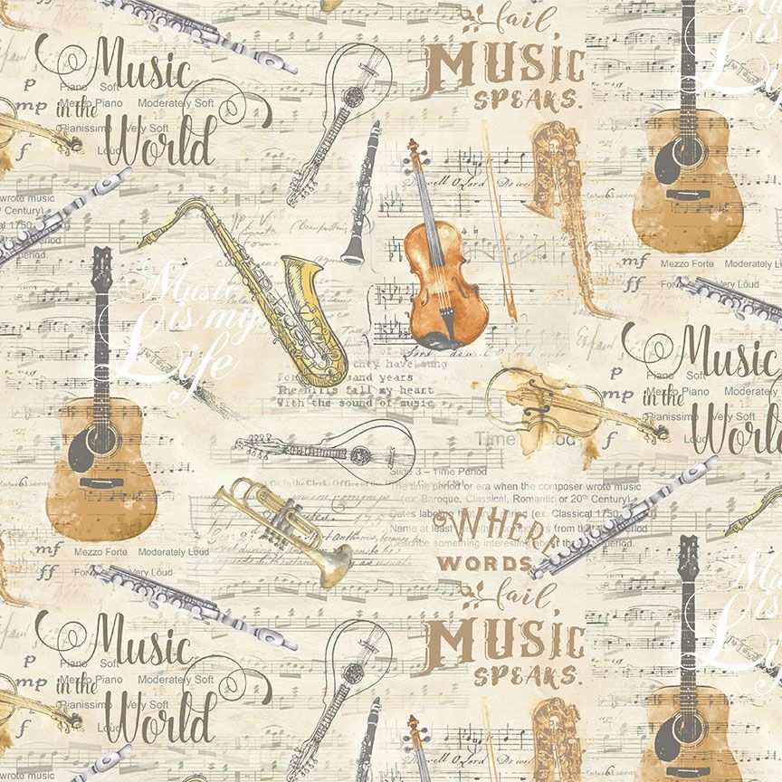 Antique Instruments Sheet Music Cotton Fabric
