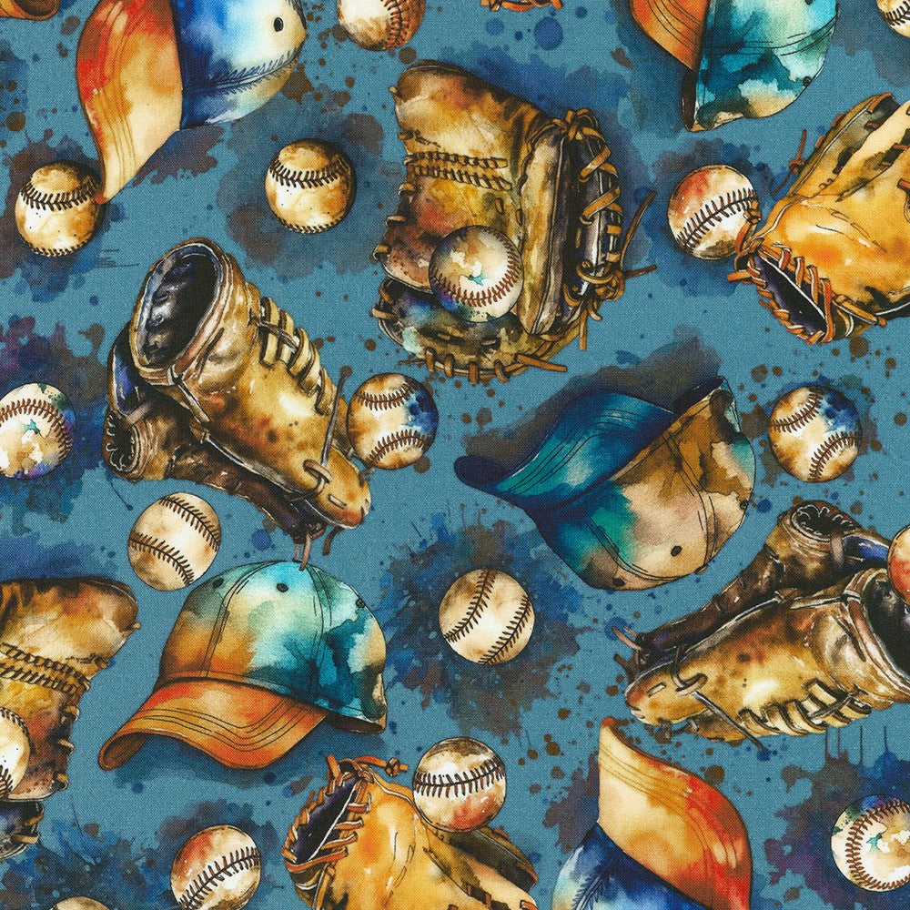 Blue Vintage Baseballs Gloves, Balls and Hats Cotton Fabric from the Game Day Collection by Robert Kaufman