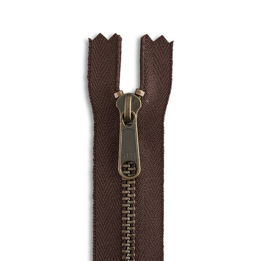 #4.5 9" Antique Brass Long Pull Bag Zipper - Dark Brown