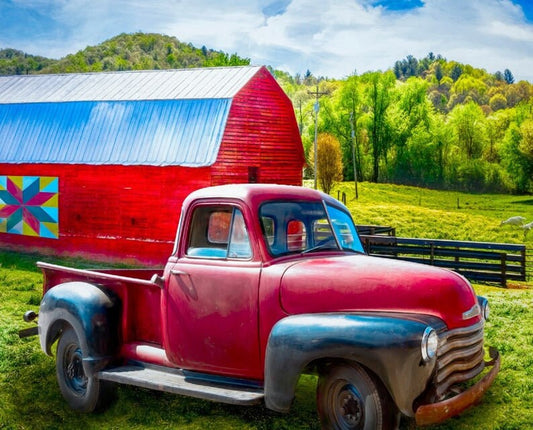 Vintage Red Truck with Barn and Quilt Fabric Panel #34