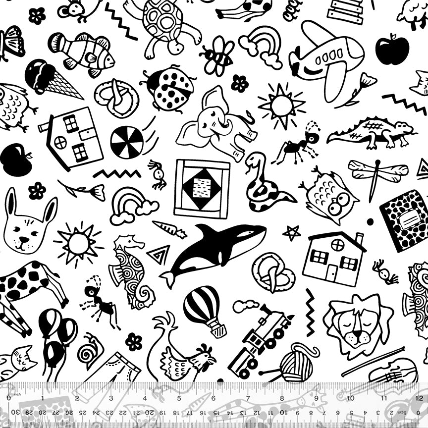 First Look Building Black on White Toys/Animals Fabric *