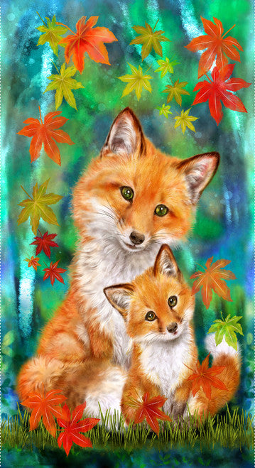 Auburn Mama and Baby FoxCub  Fabric Panel #50