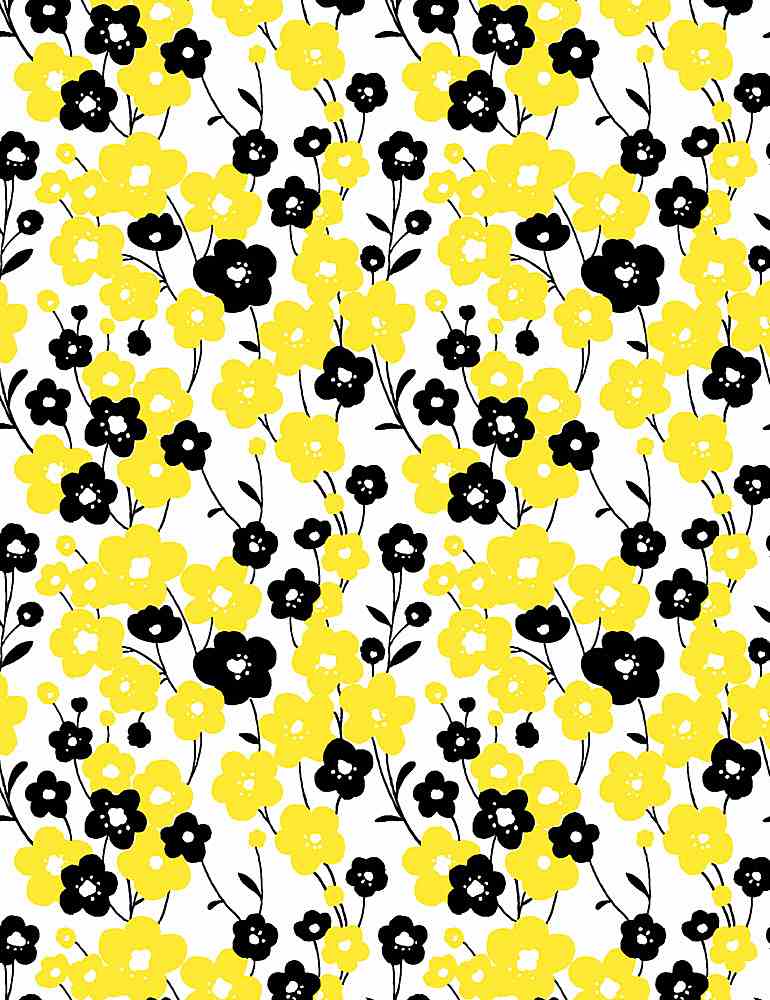 Cute little tri colored flowers black, yellow and white Fabric *
