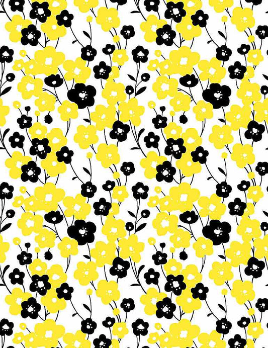 Cute little tri colored flowers black, yellow and white Fabric *