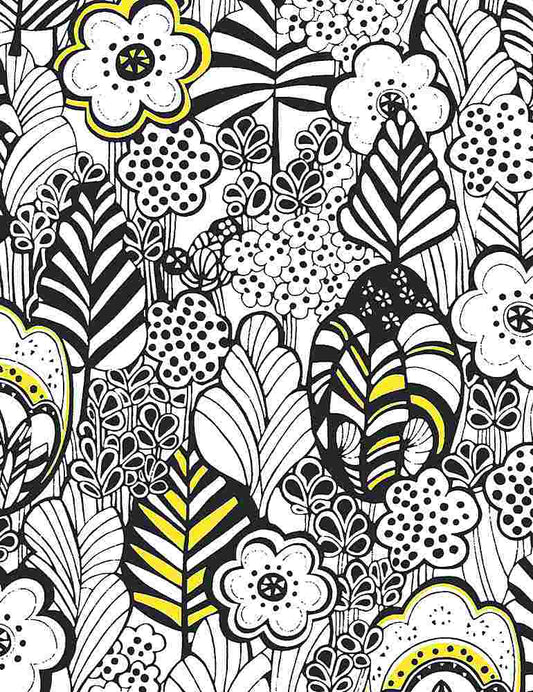 Doodled Tri Color black, yellow, and white Florals Fabric *