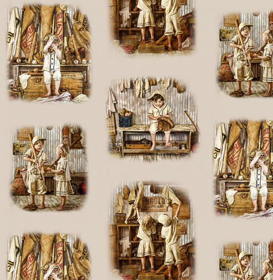 Sepia Children Baseball Toile Cotton Quilting Fabric