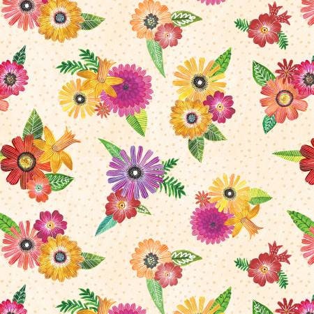 Cream Floral Bouquets Straw flowers Cotton Fabric **Clearance