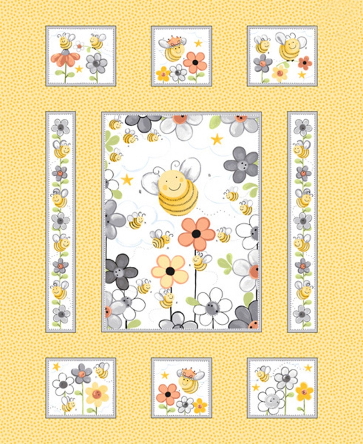 Yellow Sweet Bees Cotton Fabric Panel #97