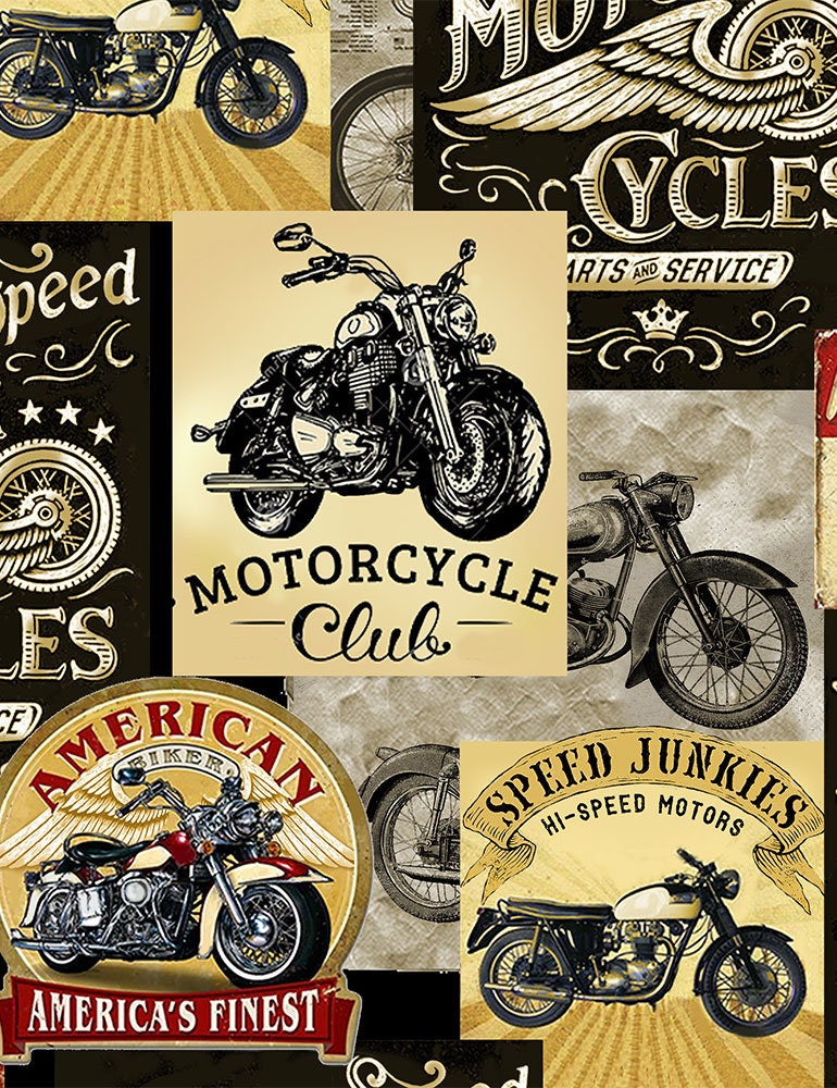 Packed Vintage Motorcycle Signs Cotton Fabric *