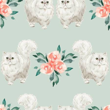 Mint Cats White, Everyday is Caturday Quilting Cotton Fabric *