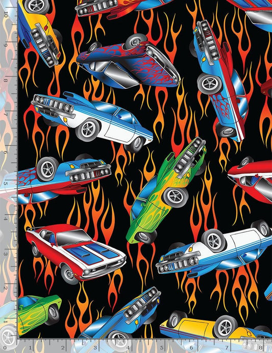 Retro Cars in Flames Cotton Fabric *