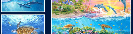 Sea turtles, dolphins and marine life fabric panel