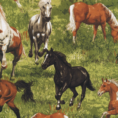 Run Free Horses, green grass background Cotton Fabric