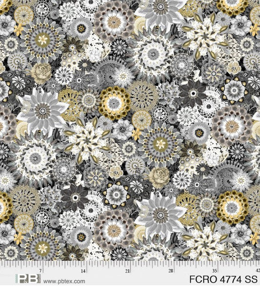 Floral Crochet Floral 108" Silver and Gold Wide Backing