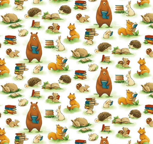 Forest Fables, Animals and Books Cotton Fabric