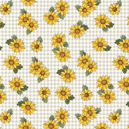 Sunflowers on Natural Tan Check from the Sunflower Days Collection by Cheryl Haynes for Benartex