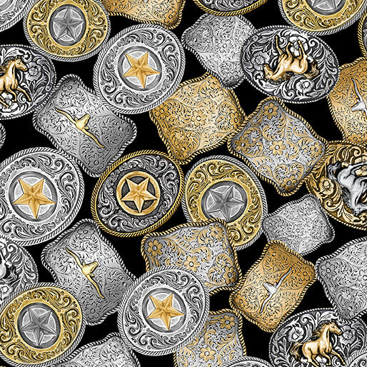 Western Buckles on Black, Gone Country Collection by Nicole Decamp for Benartex
