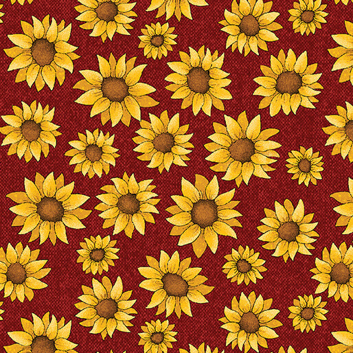 Sunflowers on Dark Red from the Sunflower Days Collection by Cheryl Haynes for Benartex