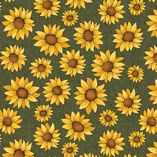 Sunflowers on Leaf Green from the Sunflower Days Collection by Cheryl Haynes for Benartex