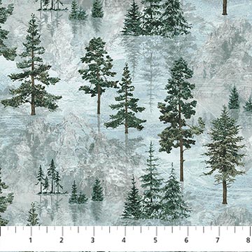 Stonehenge Eagle Pass Blue and Green Mountain landscape with trees Cotton Fabric by Northcott *