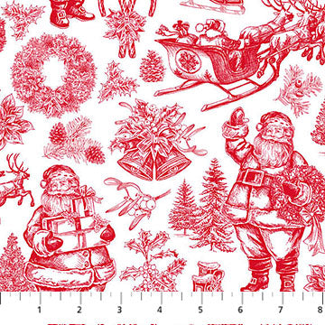 Vintage Christmas Red and White Toile Cotton Fabric