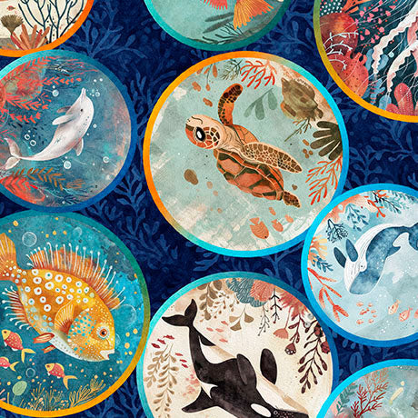 Deep Sea Dazzle Undersea Medallions Navy Cotton Fabric by QT Fabrics