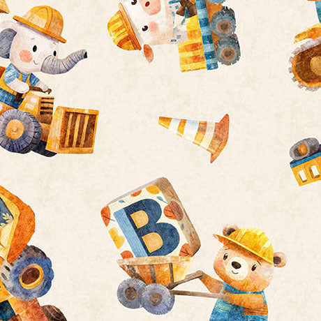 Build it Construction Animal Toss on Cream Backgound Cotton Fabric