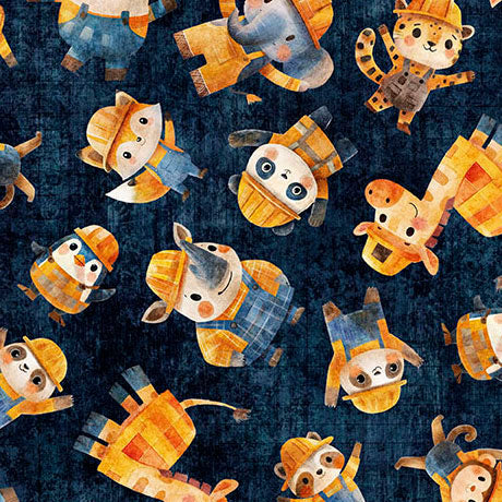 Build it Construction Animal Toss on Navy Backgound Cotton Fabric