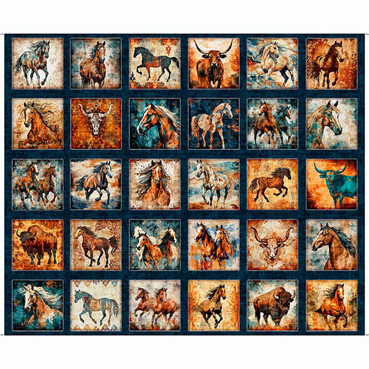Born to Run, Horses and Bulls Picture Patches Fabric Panel