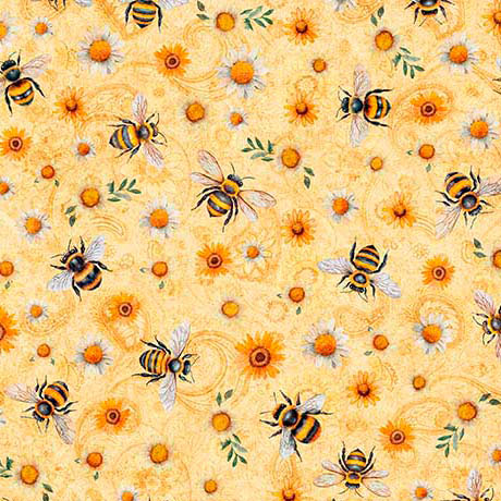 Sunflower Serenade with Bumble Bees Cotton Fabric