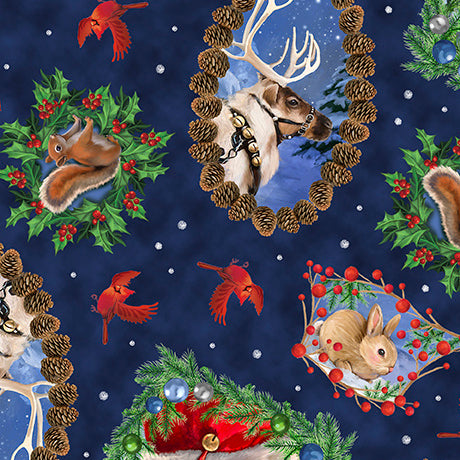 Santa and Animals Portrait Toss Cotton Fabric