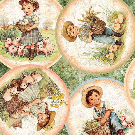 Lil Farmers Circle Vignettes Cotton Fabric